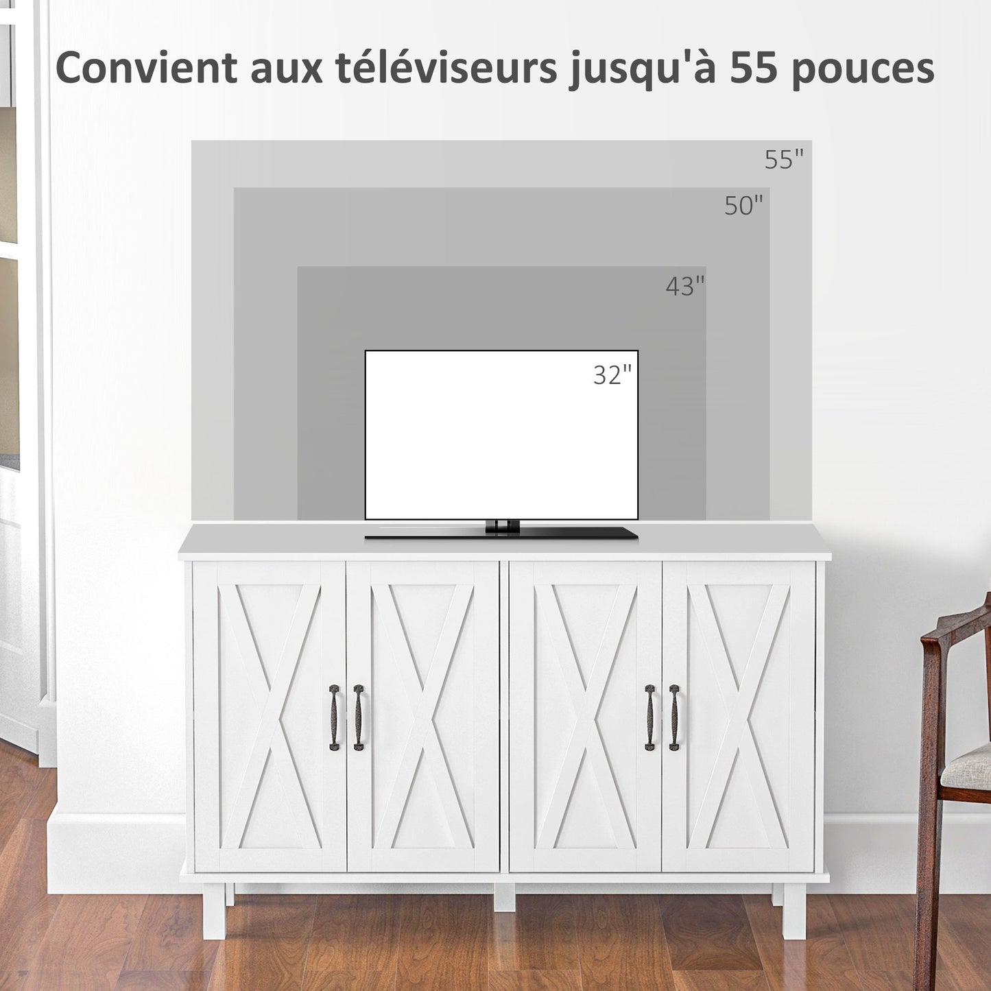 Buffetmeubel – Opbergkast – Dressoir – TV-meubel – Wit Gelakt – Landelijk Design – Verstelbare Planken – Afmetingen 120x37x75 cm