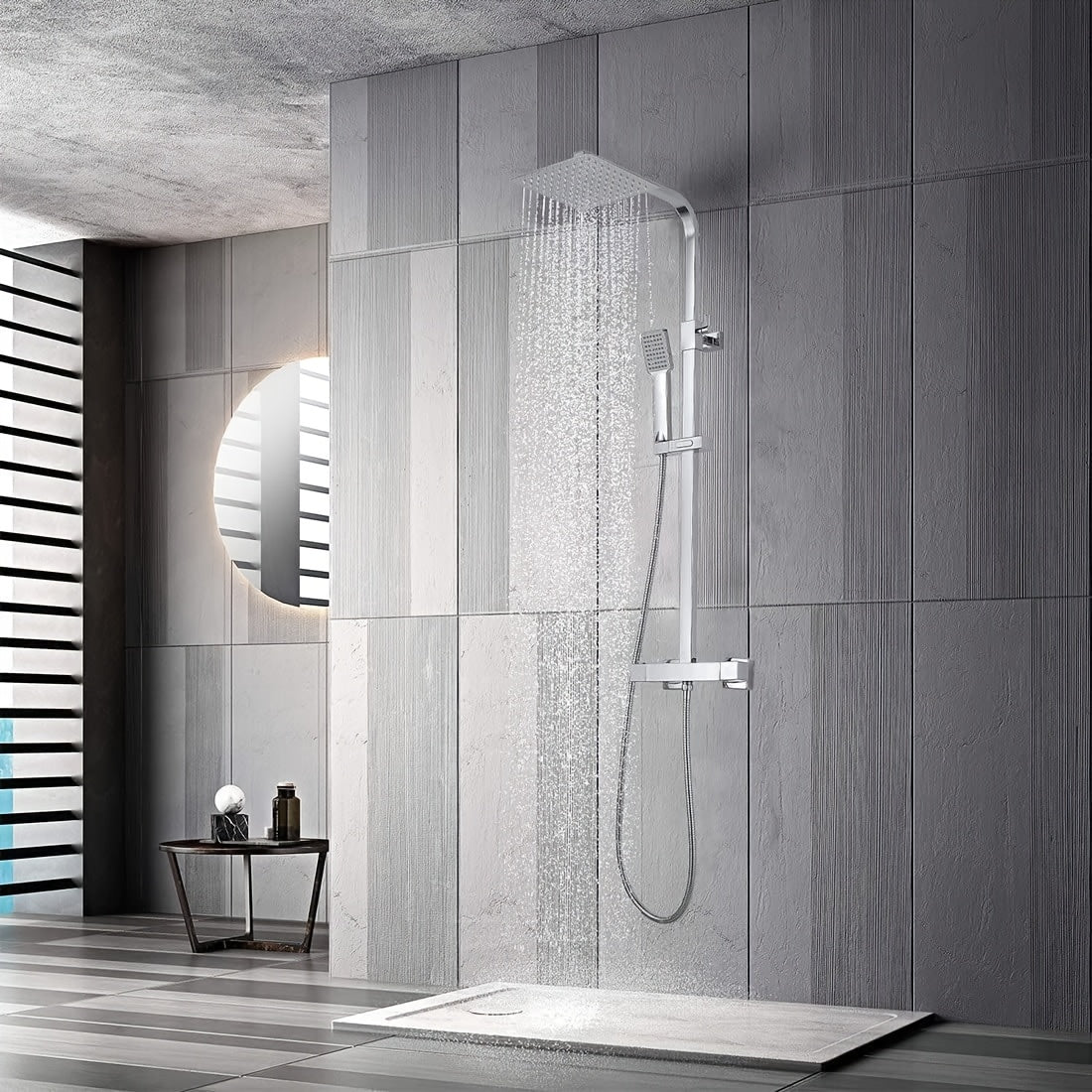 Thermostatische Doucheset – Regendouche – Handdouche – Douchepaneel – Badkamerkraan – Antiek Messing – Verstelbare Hoogte 70-120 cm – 8 Inch Regendouchekop