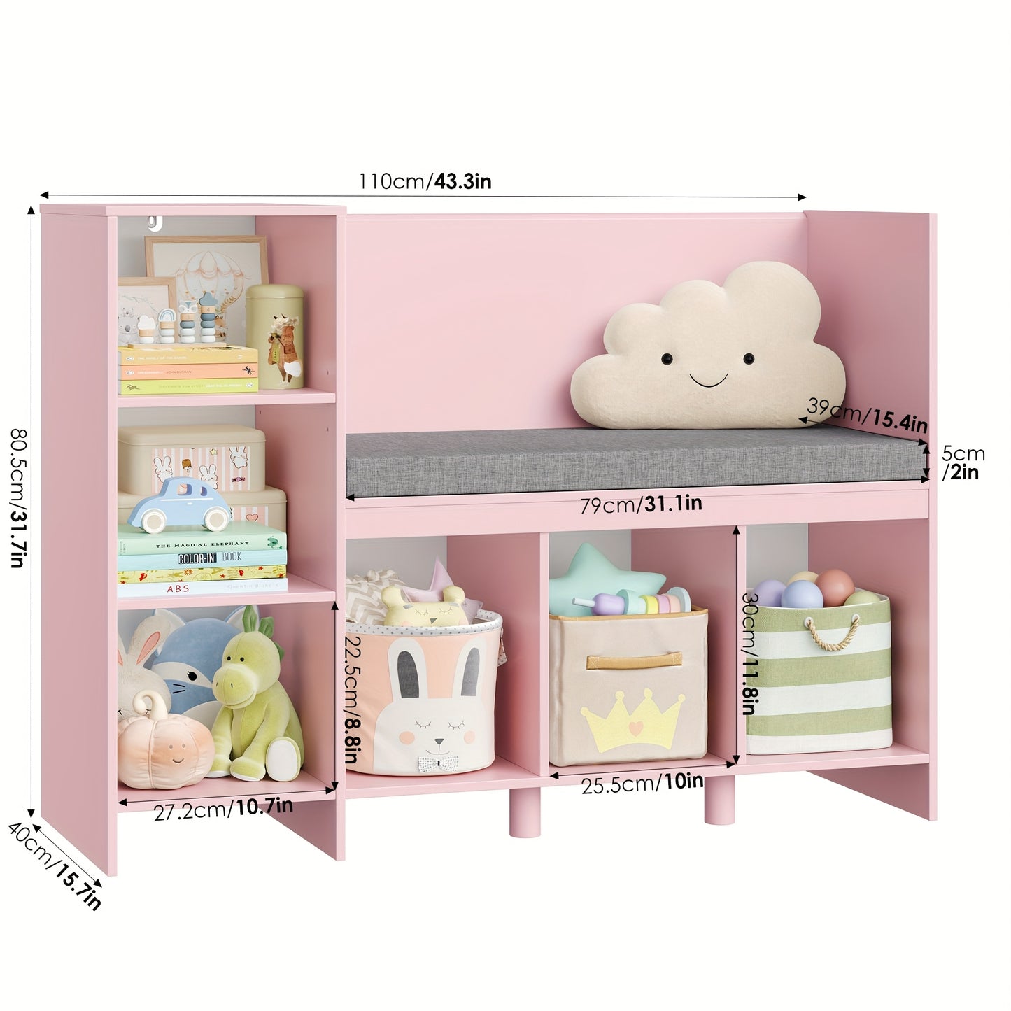 Boekenkast – Boekplank – Opbergkast – Speelgoedkast – Zitbank – Roze – 6 Kubussen – MDF Materiaal