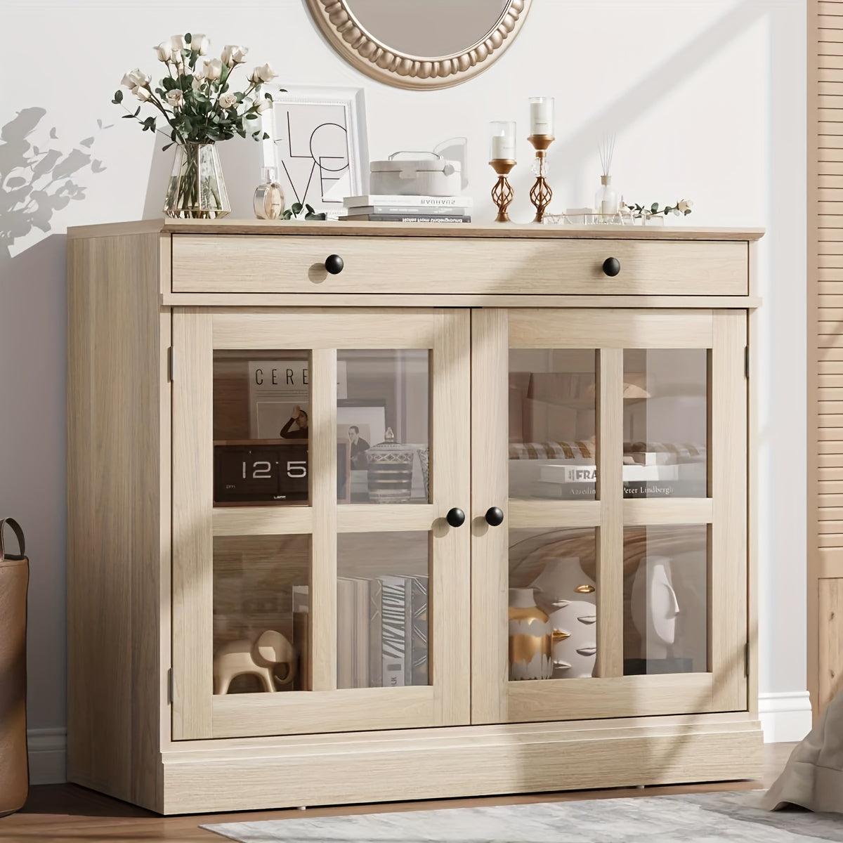 Buffetkast – Dressoir – Opbergkast – Vitrinekast – Kast Met Lade – Modern Design – Glasdeur – Compact Formaat – MDF Hout