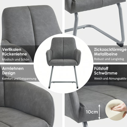 Lounge Stoel – Eetkamerstoel – Fauteuil – Leunstoel – Zetel – Grijs – Gebogen Stalen Poten – Set Van 2