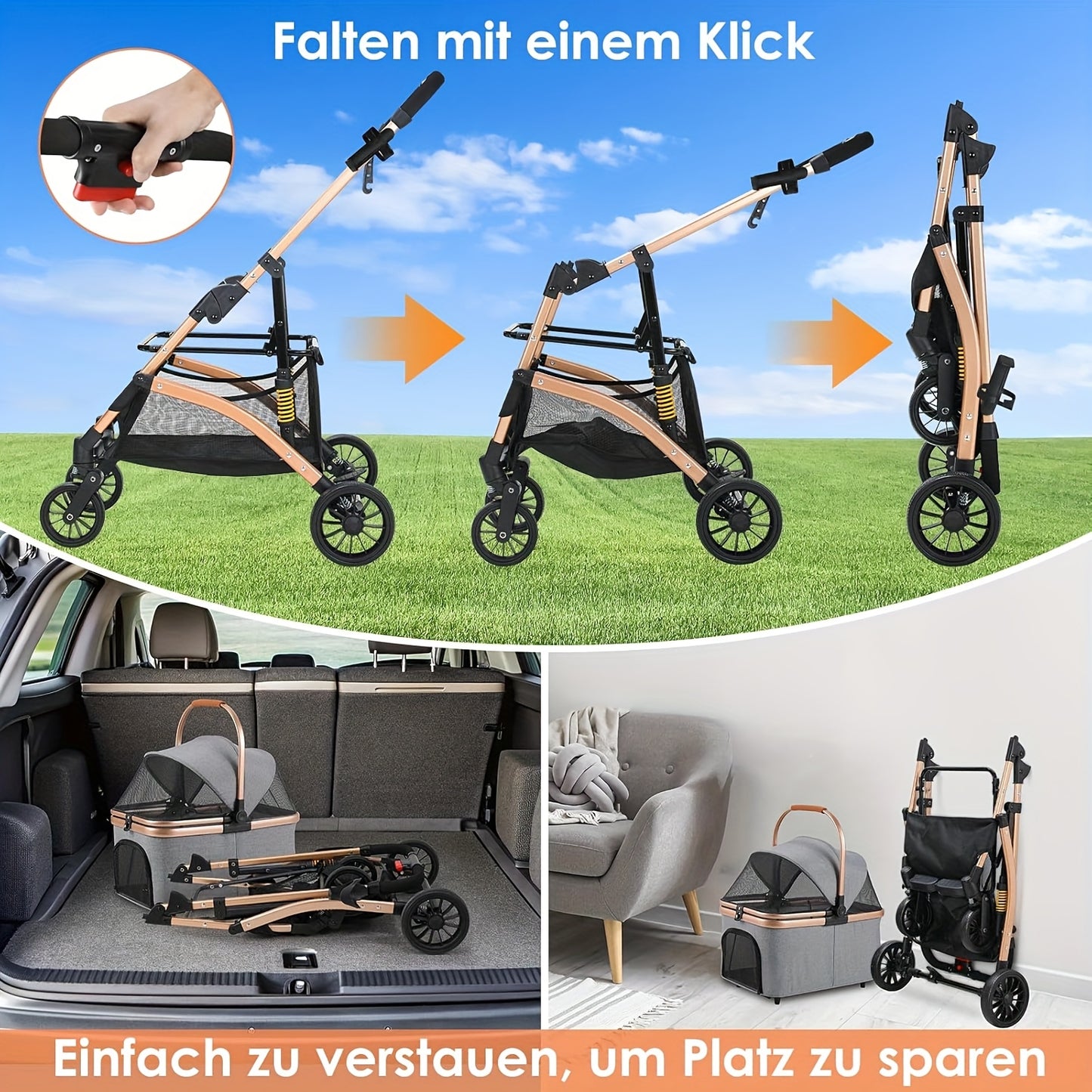 Huisdierenwagen – Hondenbuggy – Kattenwagen – Wandelwagen – Dierenbuggy – 3-in-1 Design – Carbonstalen Frame – Max. Belastbaar 20 kg – Zilverblauw