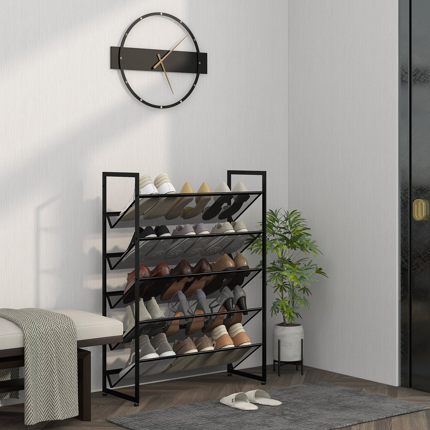 Schoenenkast – Schoenenrek – Schoenopberger – Schoenenstandaard – Schoenenmeubel – Smal En Hoog – 5-Lagen Met Ventilatie – Gelakt Staal Mat Zwart