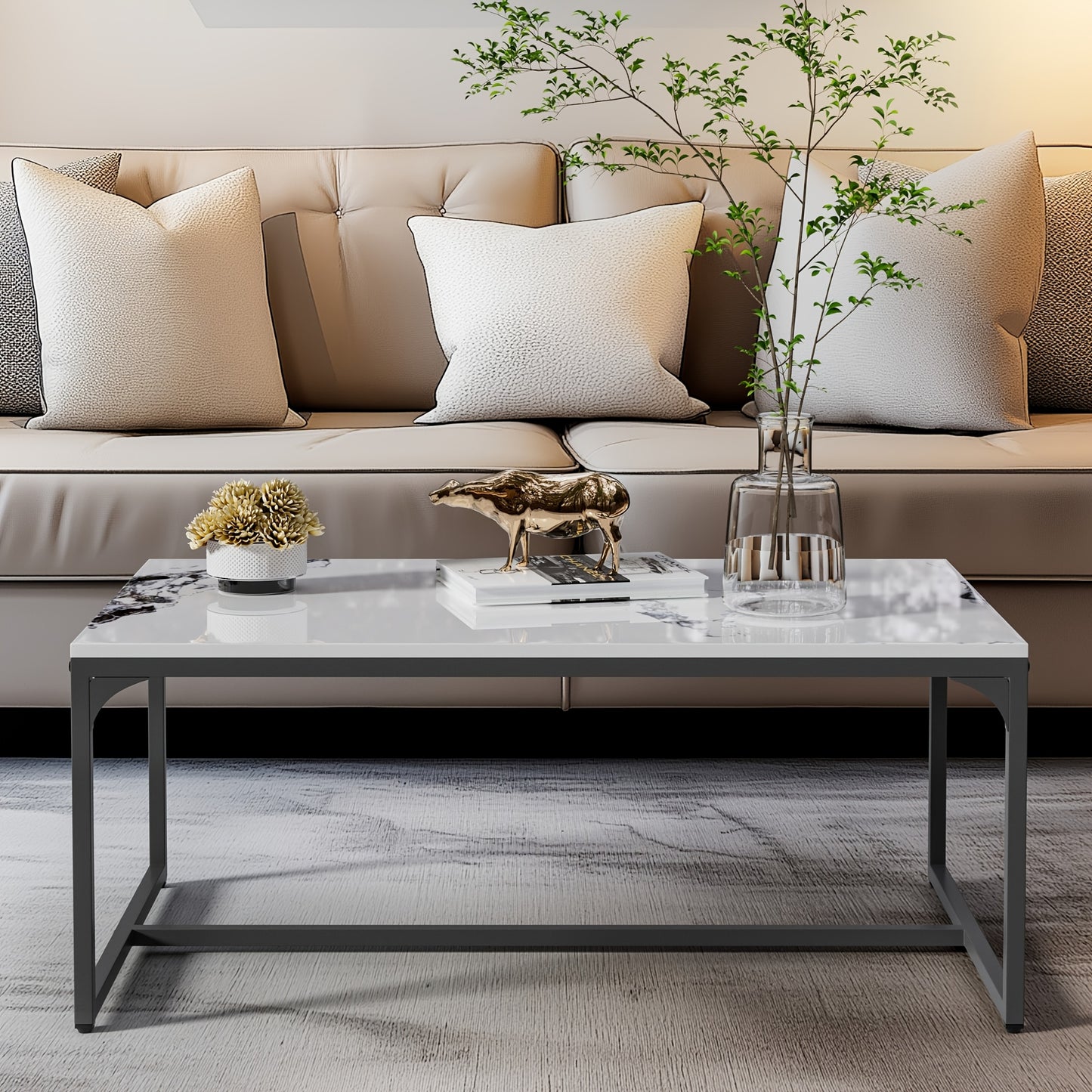 Salontafel – Koffietafel – Woonkamertafel – Bijzettafel – Tafeltje – Wit Sintersteen Blad – Kras- en Hittebestendig – Roestvrij Aluminium Frame