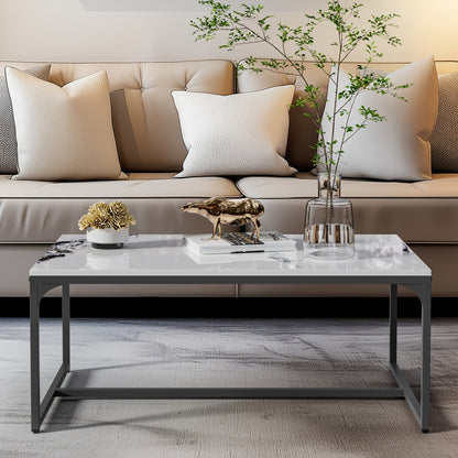 Salontafel – Koffietafel – Woonkamertafel – Bijzettafel – Tafeltje – Wit Sintersteen Blad – Kras- en Hittebestendig – Roestvrij Aluminium Frame