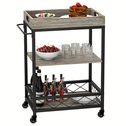Barwagen – Serveerwagen – Trolley – Wijnwagen – Drankwagen – 3 Lagen – Vintage Industrieel Design – Hout Metaal – Wijnrek – Afneembare Bovenste Tray – Mobiel & Ruim