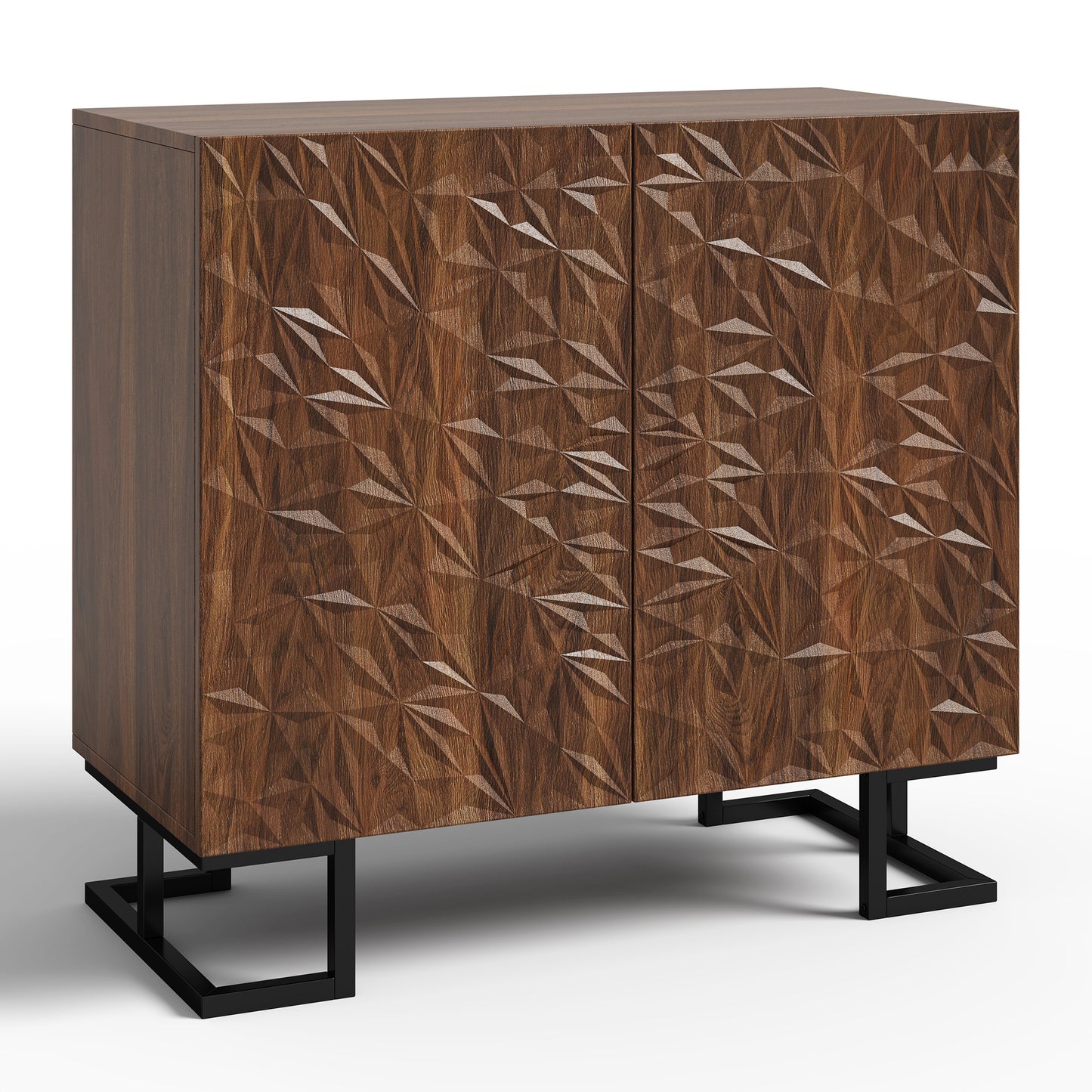 BTM Sideboard Cabinet 80X40X78 Cm Dark Walnut Optics with Leaf Relief, Push-To-Open Doors, Metal Legs 15 Cm, Modern Sideboard with Tilt Protection for Living Room, Dining Room & Hallway