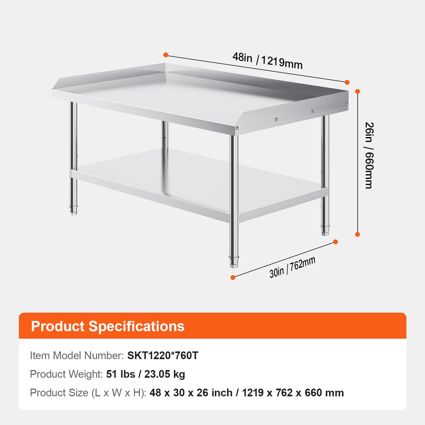 RVS Werktafel – Roestvrijstalen Werkbank – Keukentafel – Catering Tafel – Werkblad – 122x76x76 cm – Verstelbare Planken – 0,8 mm Dikte