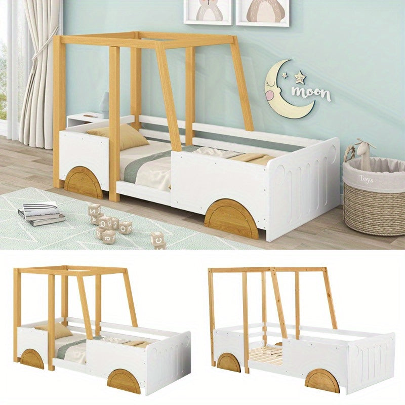 Auto Bed – Kinderbed – Speelbed – Peuterbed – Juniorbed – MDF Wielen – Pin Frame Wit Natuurkleur – Afmeting 90x200 cm
