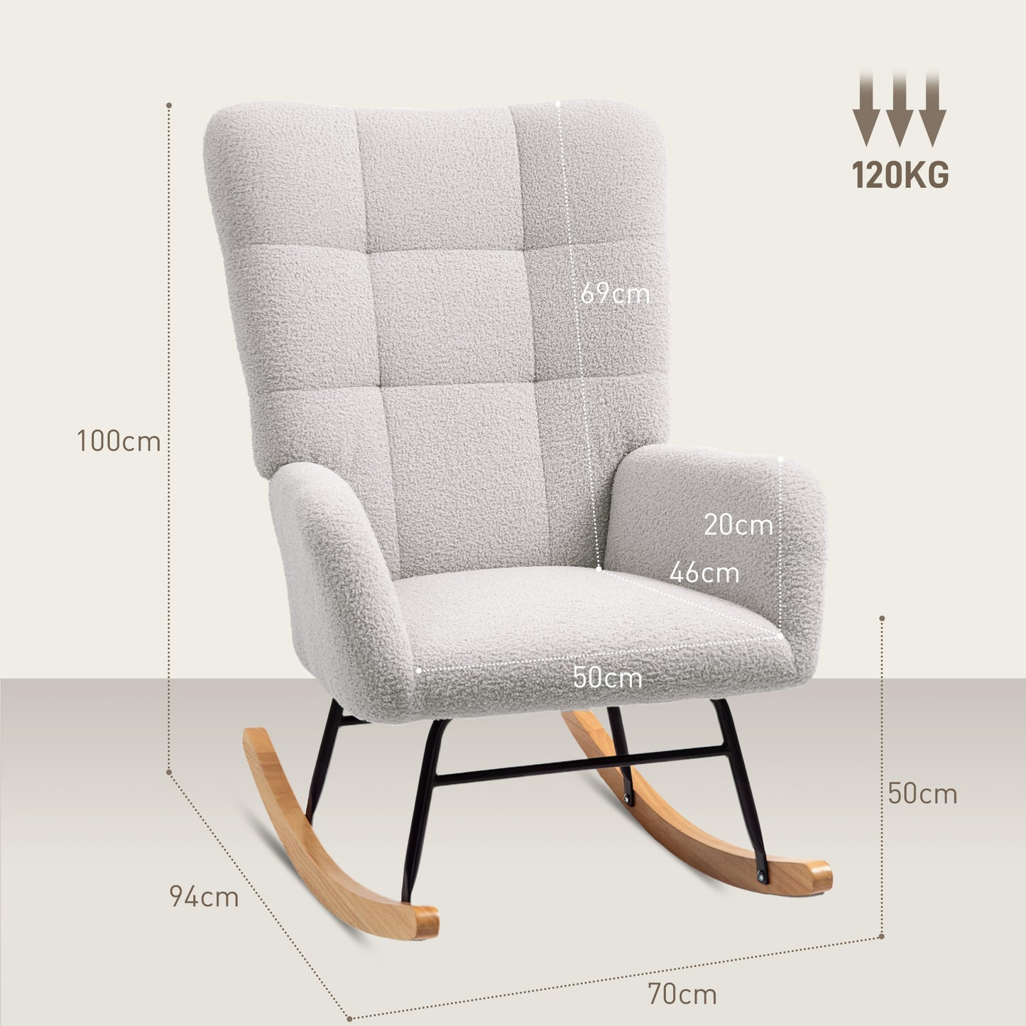 Schommelstoel – Schommelfauteuil – Relaxstoel – Loungestoel – Fauteuil – Lichtgrijs – Zachte Teddy Stof – Houten Schommelingen