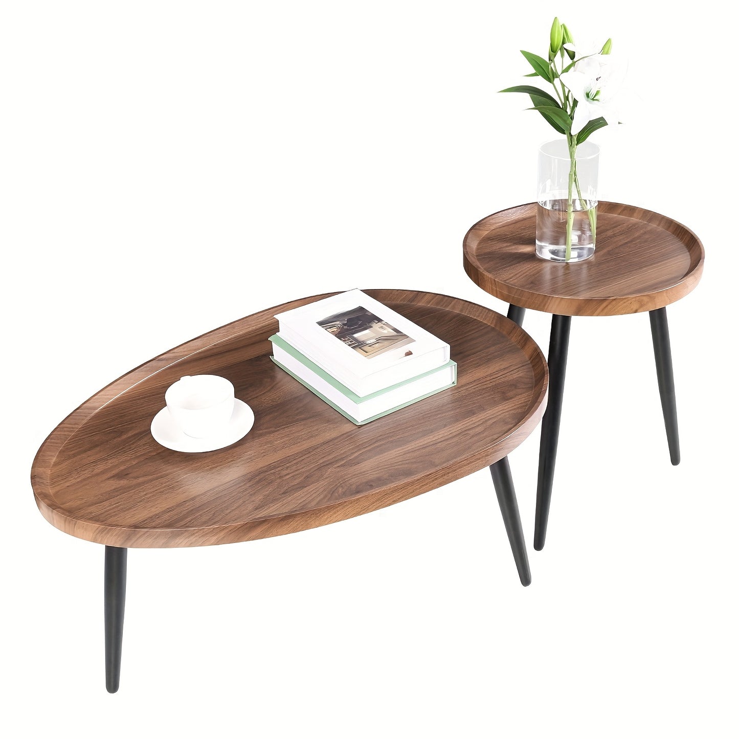 Industriële Bijzettafels – Salontafel – Side Table – Koffietafel – Nesting Tafels – Set van 2 – Walnootkleurig PVC Blad – Zwart Metalen Frame