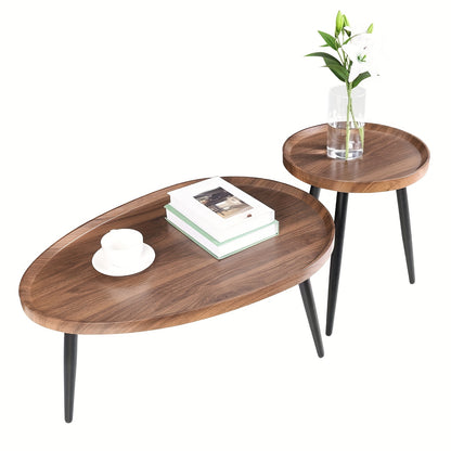 Industriële Bijzettafels – Salontafel – Side Table – Koffietafel – Nesting Tafels – Set van 2 – Walnootkleurig PVC Blad – Zwart Metalen Frame