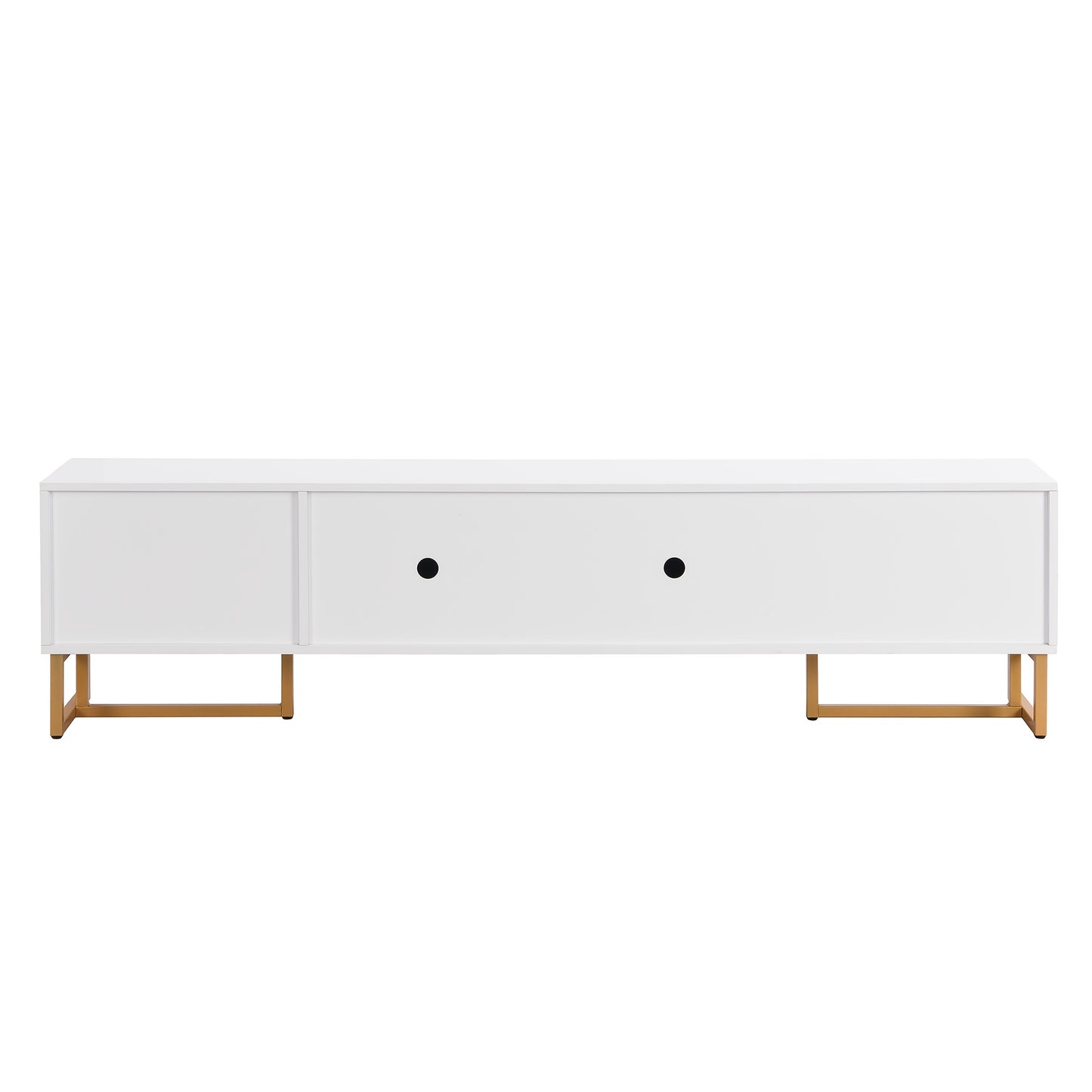 Modern White & Golden Metal TV Stand with Textured Doors & Drawers - Low Profile Media Console, Golden Accent Legs, Sturdy Construction for Living Room, Bedroom, Home Theater - Easy Assembly Required (No Wood)