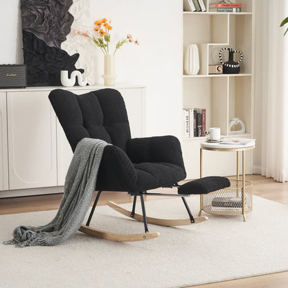 Contemporary Black Rocking Chair with Padded Teddy Bear Taffeta Cover & Extendable Footrest - Heavy-Duty Metal Frame, Easy Assembly, Soft Cushioned & Backrest, Hard Floor Compatible - Modern Accent Chair for Living Room, Bedr