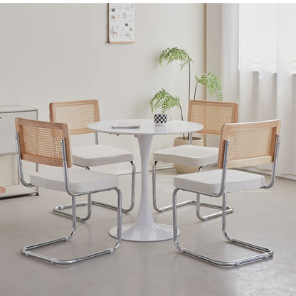 Eetkamerstoelen – Stoelen – Dining Chairs – Keukenstoelen – Zitmeubels – Wit Fluweel – Chroom Metalen Poten – Comfortabele Zitting – Handgeweven Rotan Rugleuning