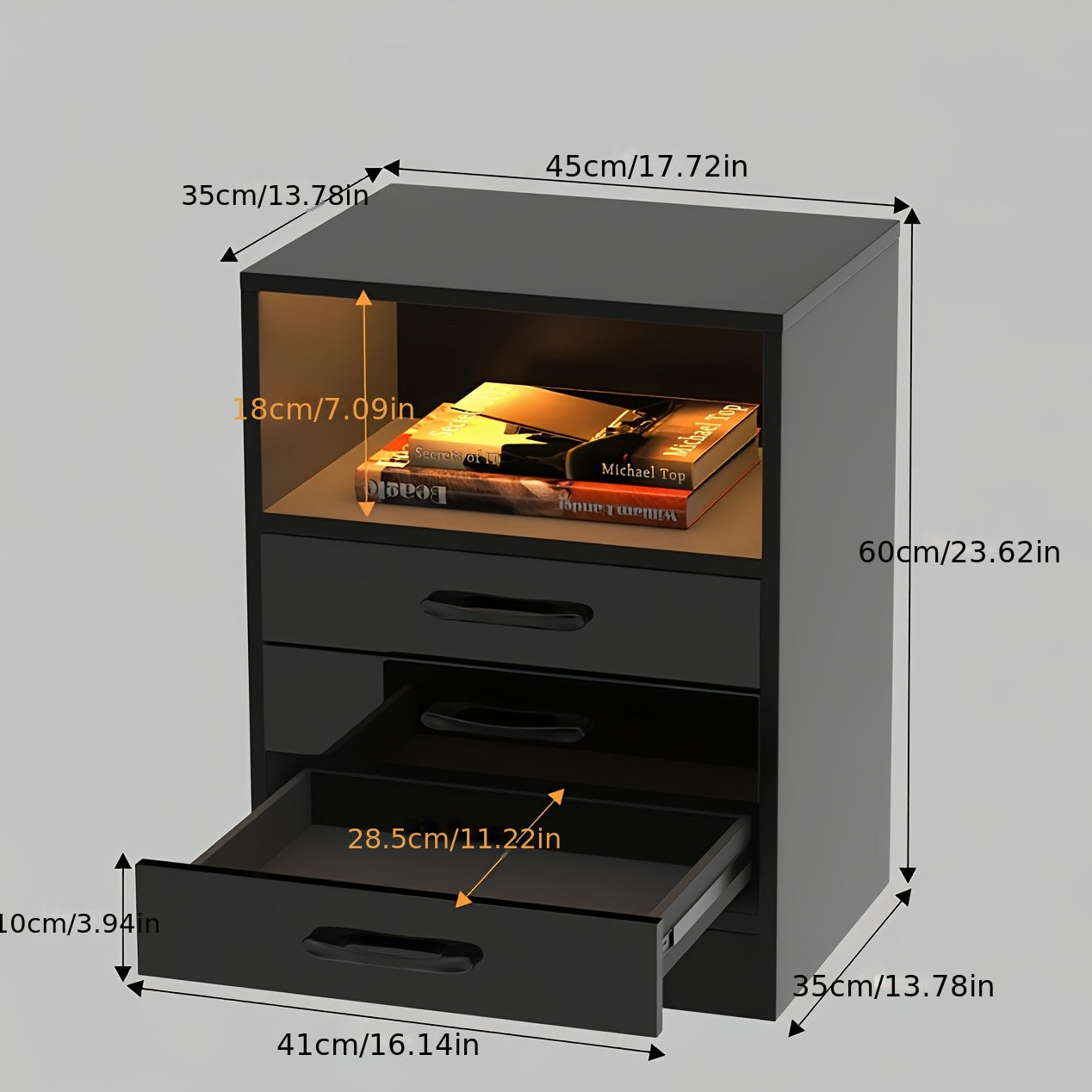 Zwarte Bijzettafel met 3 Lades – Multifunctionele Side Table met Open Kast en Grote Opbergcapaciteit, 60x45x35 cm – Schuifladen met Handgrepen, Geschikt voor Woonkamer of Slaapkamer