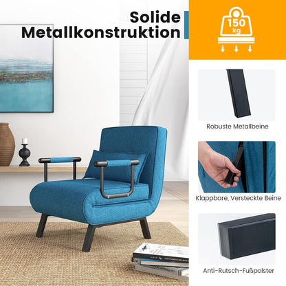 4-in-1 Slaapstoel – Slaapbank – Lounge Stoel – Vouwstoel – Relaxstoel – 5-Posities Verstelbare Rugleuning – Afneembare Kussen – Blauw