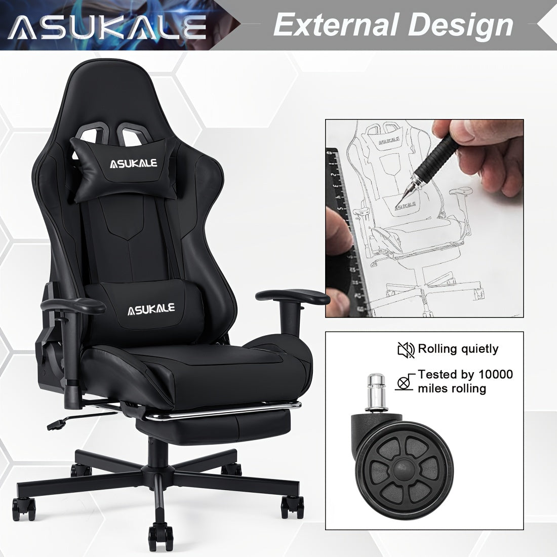 Gamingstoel – Gamestoel – Gaming Chair – Bureaustoel – Game Stoel – Ergonomisch Met Voetensteun – Verstelbare Hoogte En Lendensteun – PU Kunstleer Met 5-Wiel Onderstel – Grijs