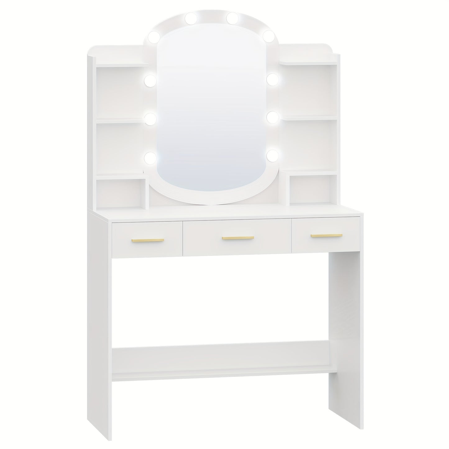 Kaptafel – Make-up Tafel – Dressoir – Toiletmeubel – Slaapkamermeubel – Wit – Ovale Spiegel – 3 Lades + 6 Open Vakken – MDF Met Populierenhout