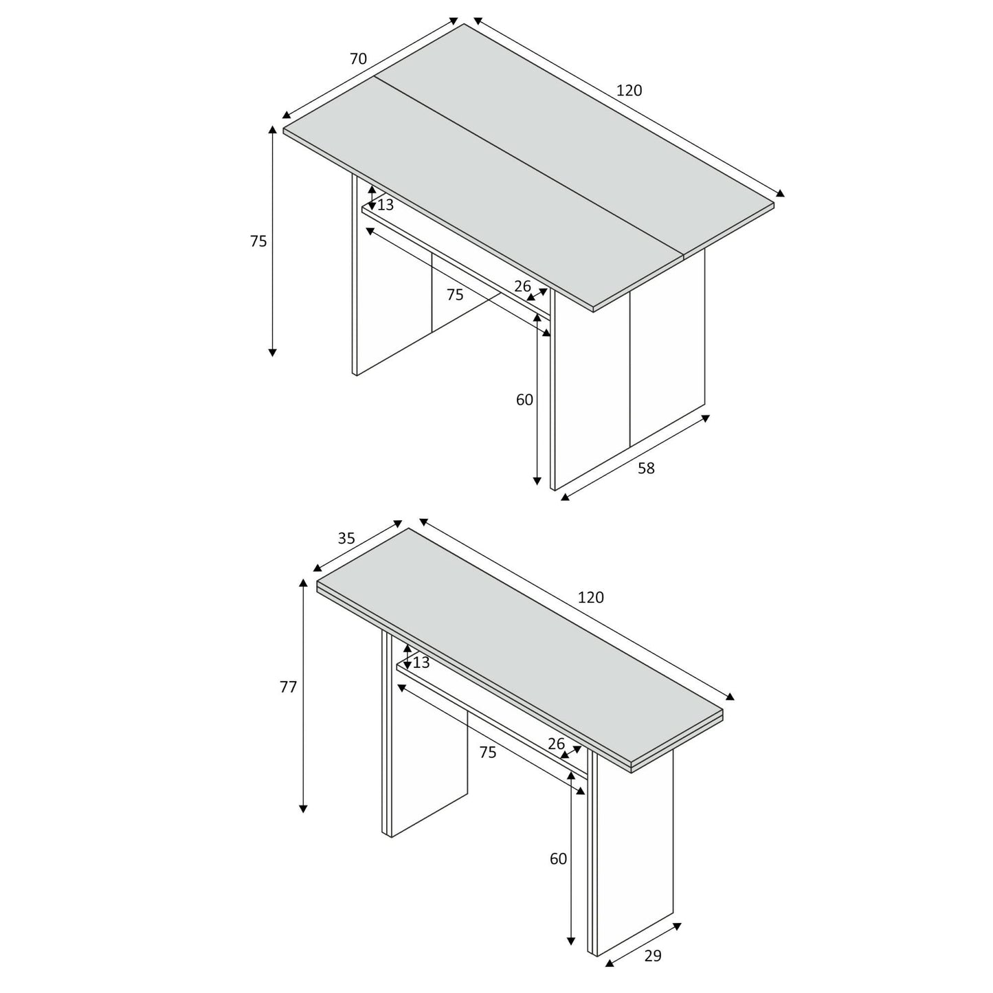Arila Extendable Table, Book-Style Opening with Extendable Top, Foldable Side Console Table, 120x35x77 cm, White and Cement