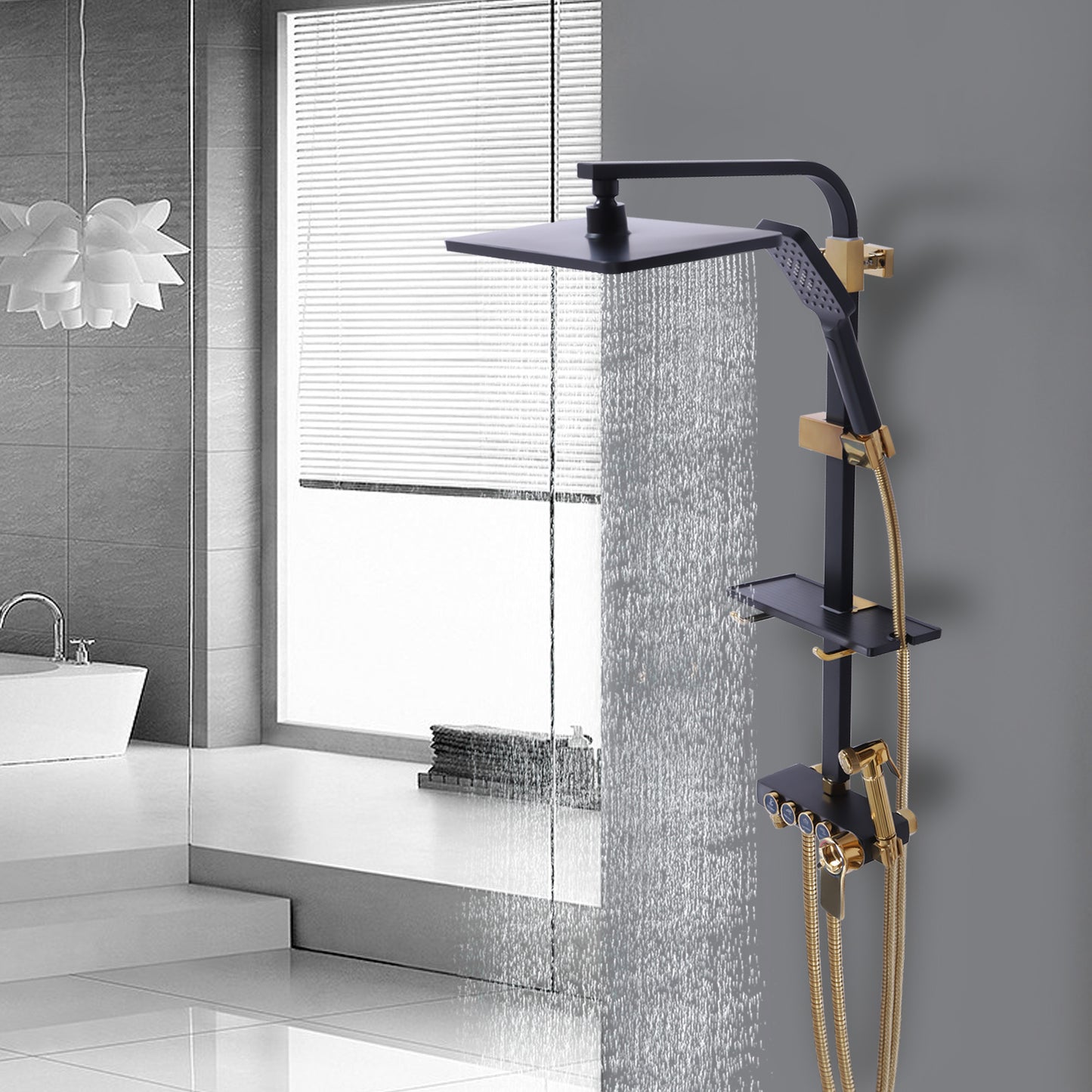 Thermostat Shower System with Lift - Wall-Mounted Thermostatic Shower Suitable for, Rainfall Shower & Handheld Shower, Heavy-Duty Copper & ABS, Temperature, Modern Bath Shower Set (Contemporary Style)