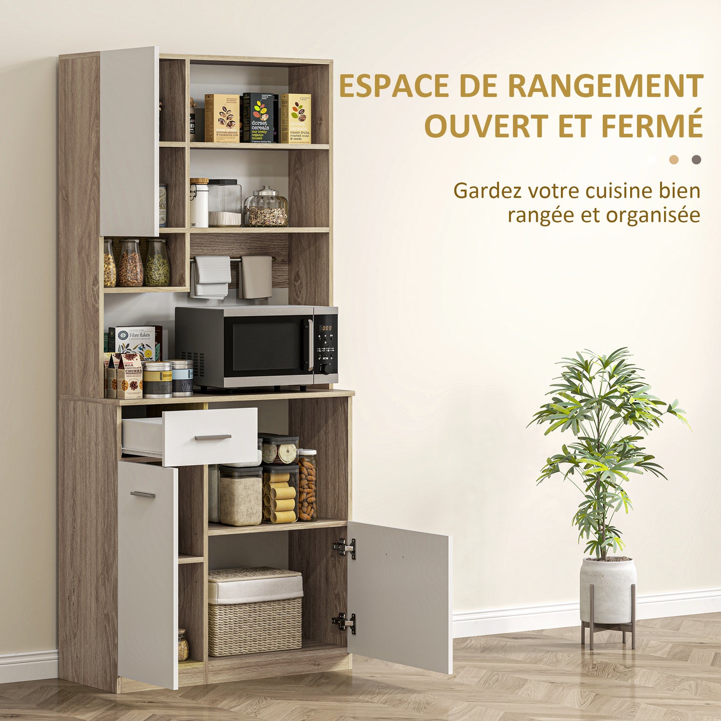 HOMCOM Kitchen Armoire Buffet Cabinet Storage Furniture Modern Style with Adjustable Shelves, Drawer, Counter, Cable Management, for Dining Room, Living Room, 80 X 35 X 180 Cm, Wood Grain