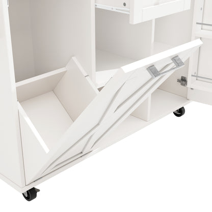 Keukeneiland – Keukentrolley – Keukenkast – Buffetkast – Serveerwagen – Inklapbaar Werkblad – Verstelbare Planken – MDF 3D Deuren – Metalen Handgrepen – Wit – 142×40/63×87 cm