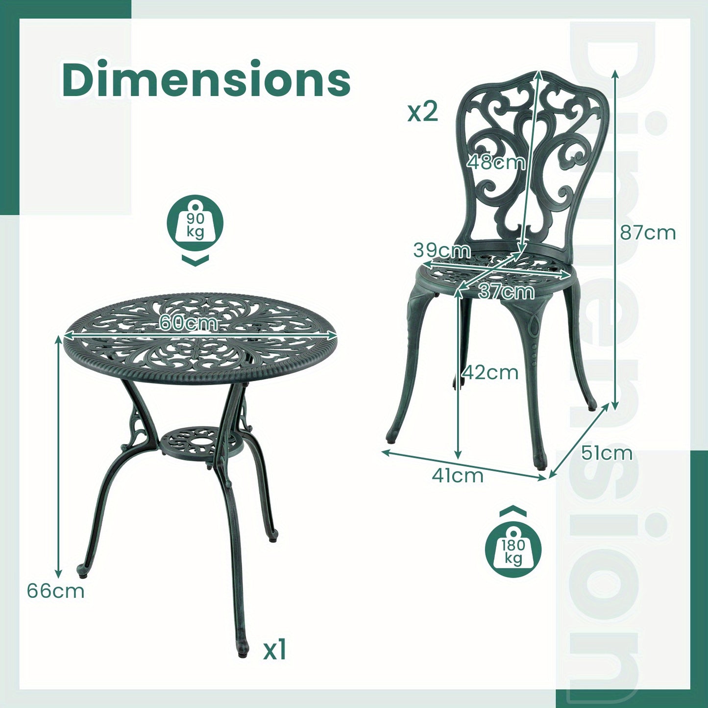 Bistroset – Tuinset – Balkonset – Bistrotafel – Buitenmeubel – Weerbestendig Gegoten Aluminium – Inclusief Parasolhouders
