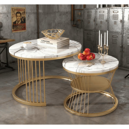 Ronde Salontafel Set – Bijzettafel – Koffietafel – Nestbare Tafels – Modern – Marmerlook – Hoogwaardig MDF – Verstelbare Pootdopjes