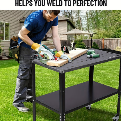 Heavy-Duty Steel Welding Table with 5/8" Holes & Fixture System - Industrial Workbench with Locking Casters, 68.04 KG Capacity, Adjustable Height, 36"x18" Large Work Surface, Sturdy Welding Cart for Workshop, Factory - No Pow