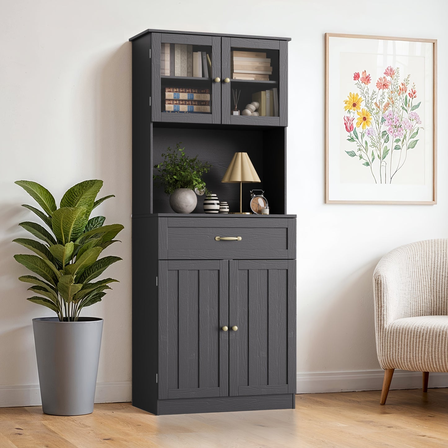 Hoge Kast – Opbergkast – Dressoir – Kast Met Laden – Bergkast Zwart – 180 cm Hoog – Verstelbare Legplanken