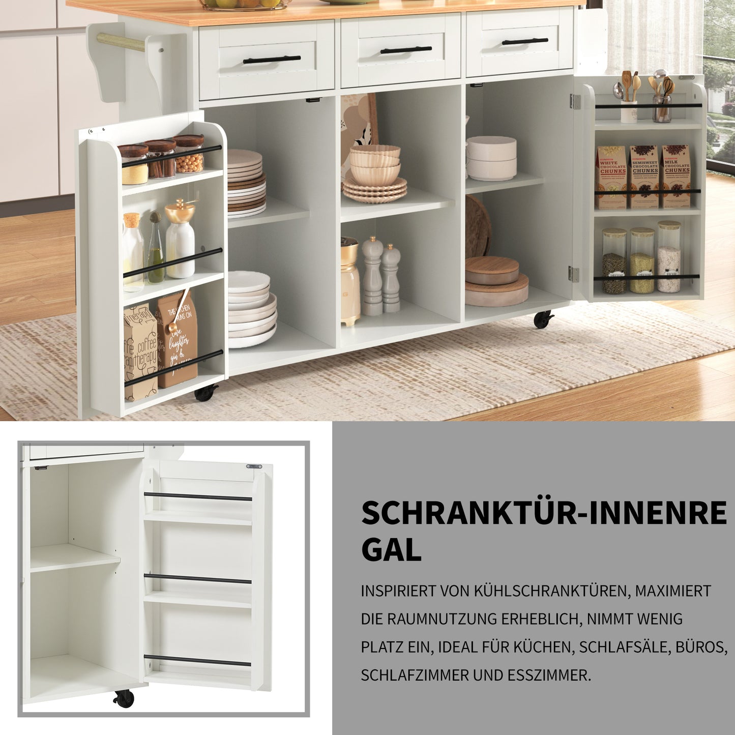 Keukentrolley – Keukenwagen – Serveertrolley – Werkbank – Opbergmeubel – Uitklapbaar Werkblad – Houtlook Afwerking – Met Laden en Verstelbare Planken – Mobiel of Vaste Poten – Wit