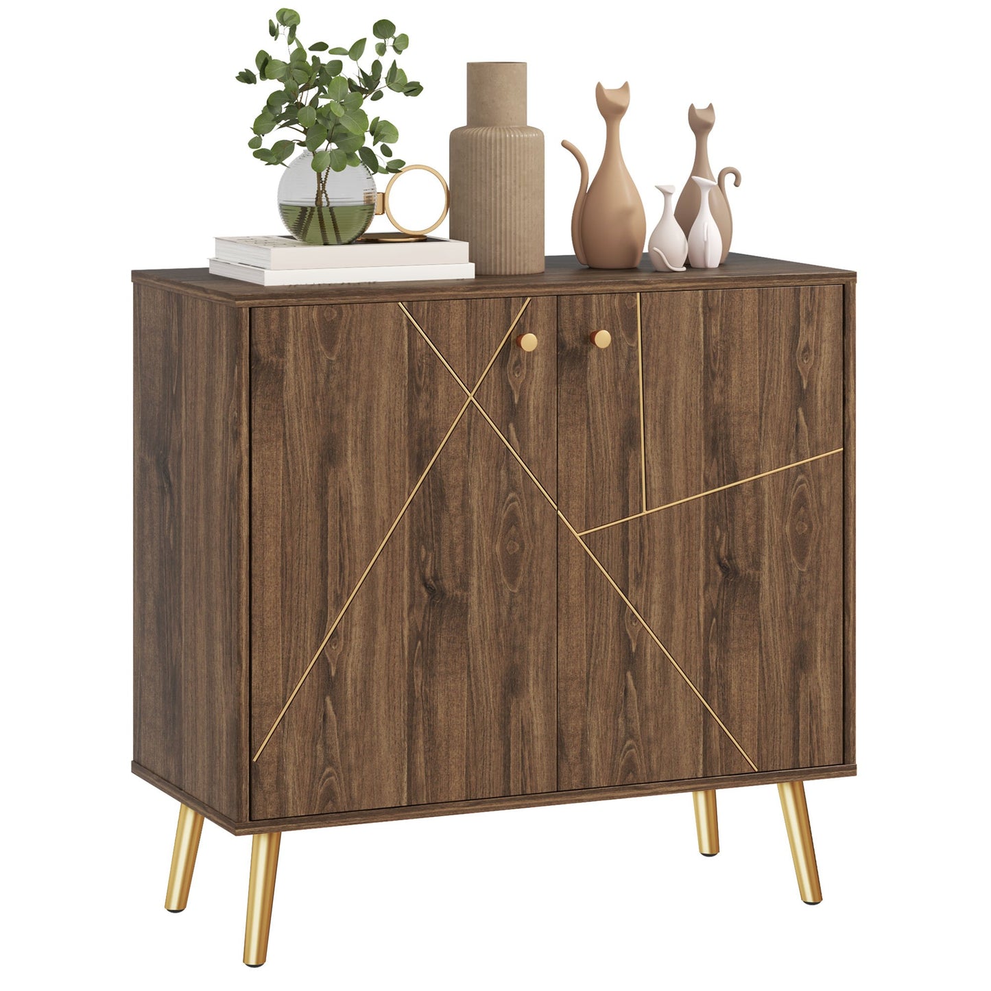 Dressoir – Opbergkast – Woonkamerkast – Buffetkast – Sideboard – Kastanjebruin Met Gouden Stalen Accenten – Verstelbare Planken – Anti-Kantel Systeem