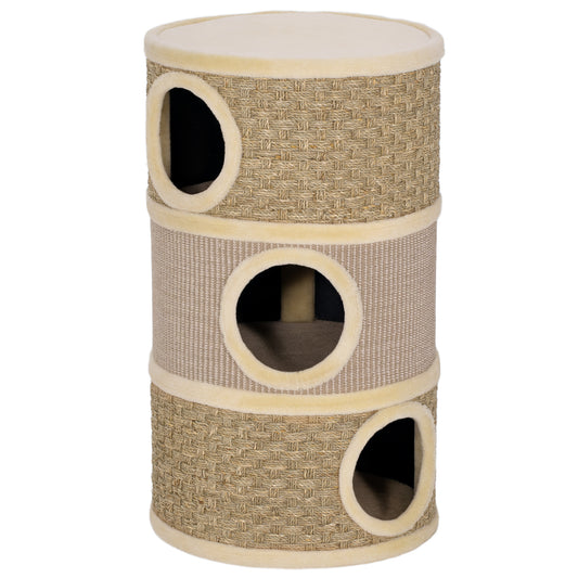 Kattenkrabpaal – Krabpaal – Kattenpaal – Krabmeubel – Kattenmeubel – 79 cm Hoog Met Sisaltouw – Drie Verdiepingen Met Kattenhol Khaki Bruin