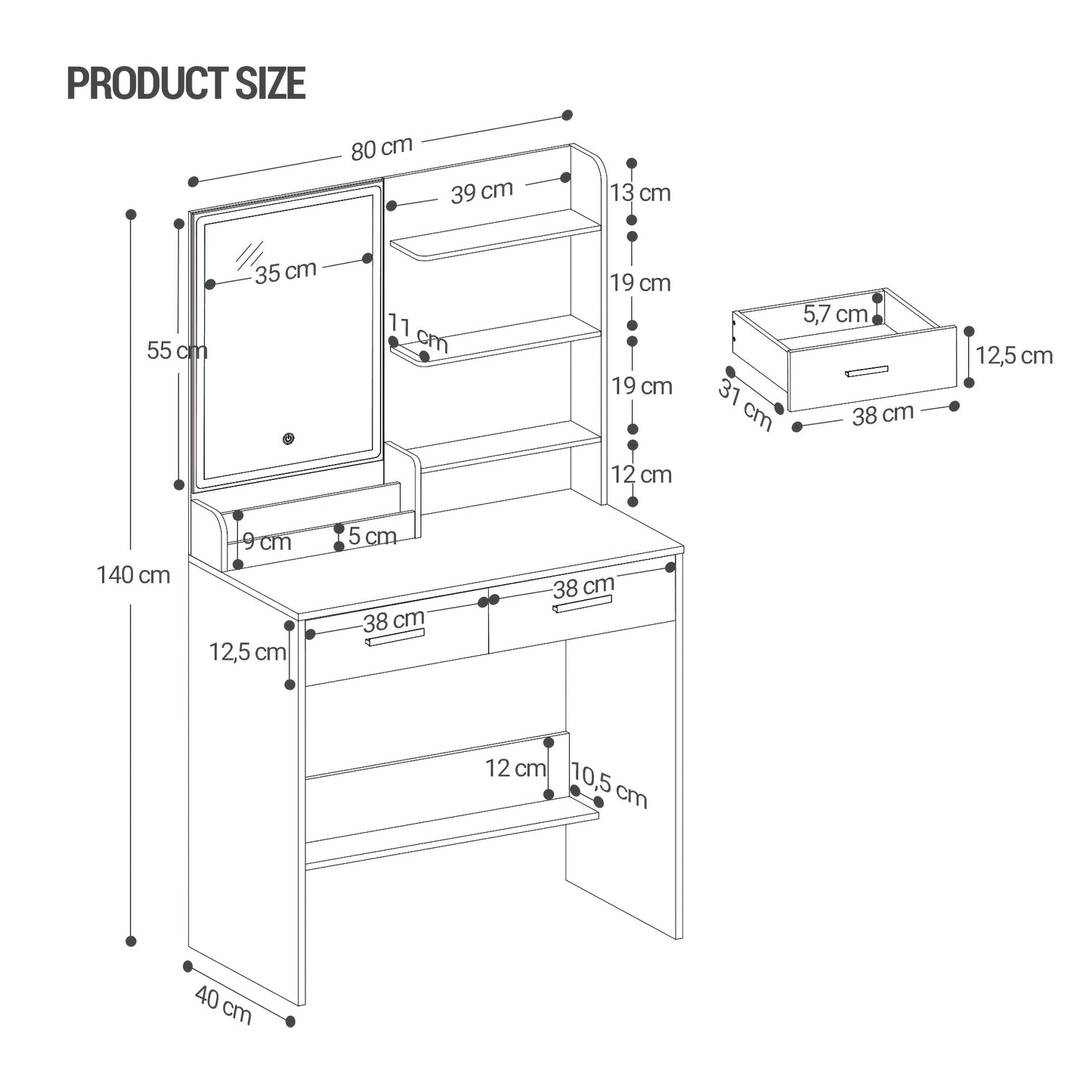 Kaptafel – Make-up tafel – Toillettafel – Schoonheidstafel – Visagietafel – Wit – Verstelbare LED-verlichting – 2 AC Stopcontacten & 2 USB Poorten