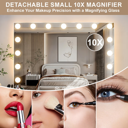 Make-up Spiegel – Beauty Spiegel – Verlichte Spiegel – Vergrotende Spiegel – USB Spiegel – 18 Dimbare Lampen – 10x Vergroting – Wit Metalen Frame – 80x60 cm