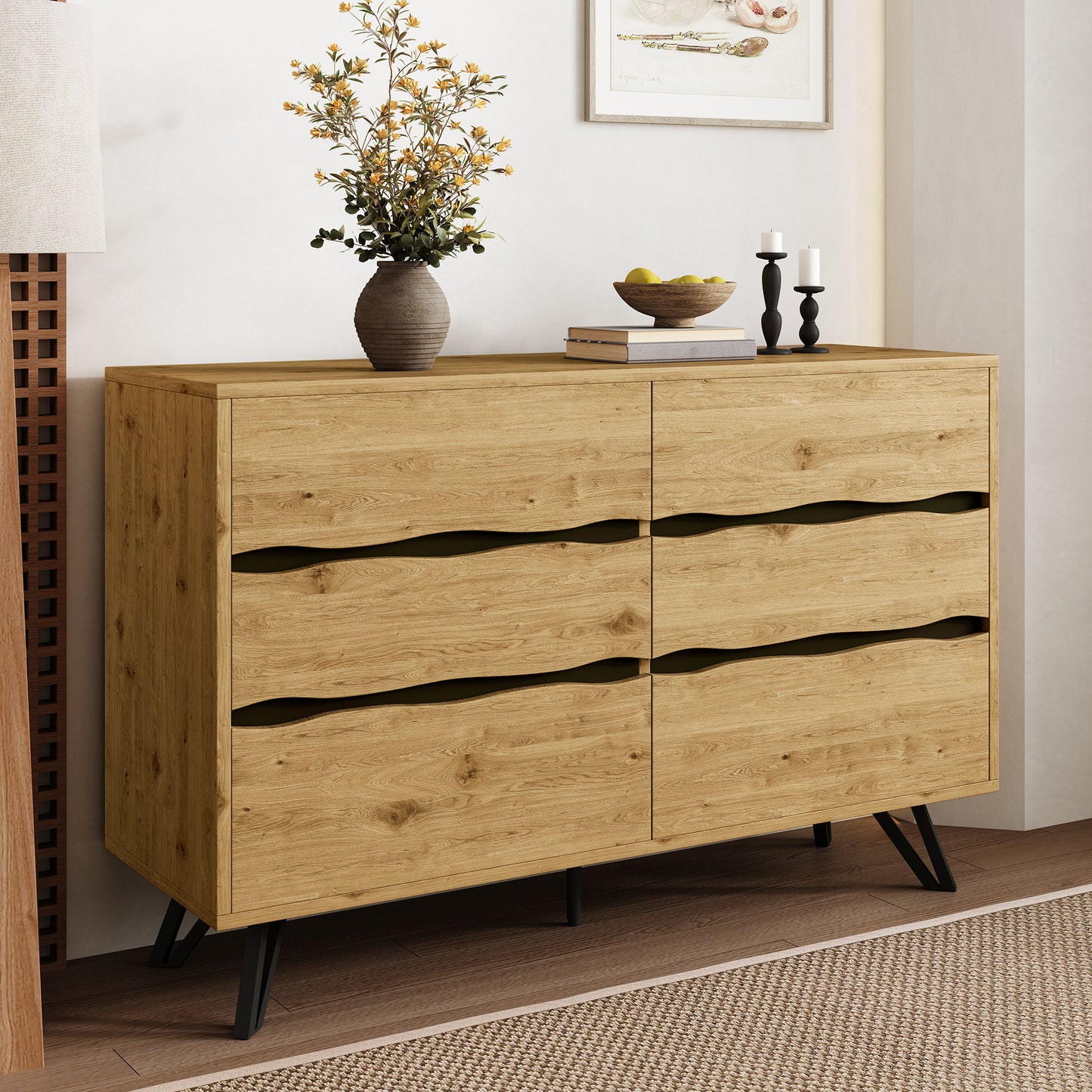 Sideboard – Dressoir – Opbergkast – Kast – Kledingkast – Scandinavisch Design – 6 Ruime Lades  – Natuurlijke Houtlook – 120x40x75,5 cm
