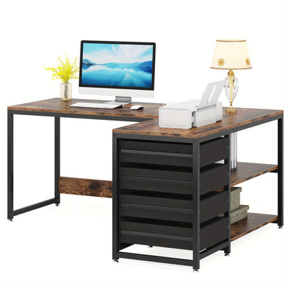 L-vormig Bureau – Hoekbureau – Computertafel – Werkplek – Bureau Met Laden – Bruin – Reversibel Ontwerp – Met Opbergruimte