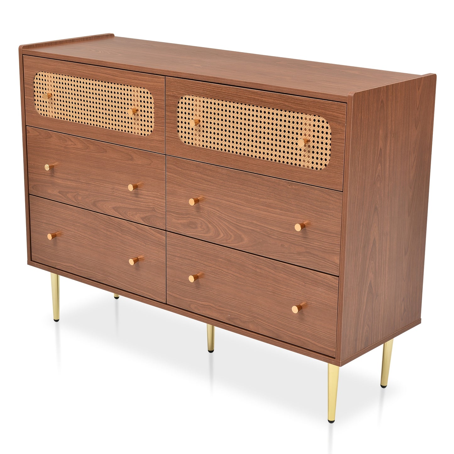 Six-drawer Chest Of Drawers Storage Cabinet with Six Drawers, Rattan Highboard for Bedroom And All Living Spaces, In Walnut, H90/W120/D40cm,  Multidrawer Cabinet, Modern Chest Of Drawers, Minimalist Furniture, Durable Storage