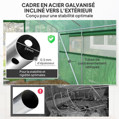 Outsunny Garden Greenhouse 12 m², Tunnel Greenhouse 4 x 3 x 2 m with Roll-Up Doors and Large Mesh Windows, Galvanized Steel and High-Density PE 140 g/m² UV-Resistant, Green