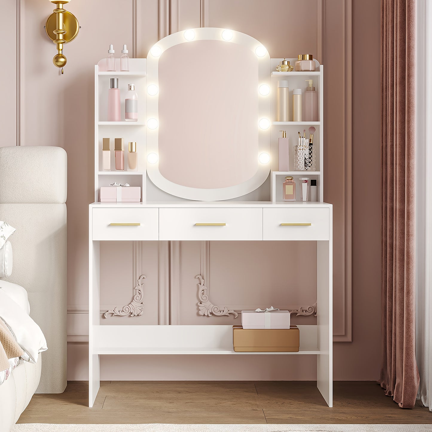 Makeuptafel – Kaptafel – Cosmeticatafel – Vanitafel – Make-up Tafel – Witte Make-up Tafel met Ovale Spiegel – 10 LED Lampjes met Instelbare Helderheid – 3 Lades en 6 Open Vakken, 40x90x144 cm
