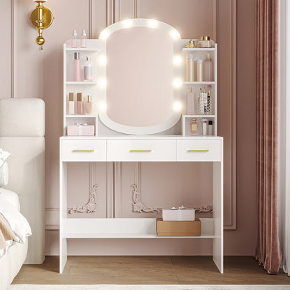 Makeuptafel – Kaptafel – Cosmeticatafel – Vanitafel – Make-up Tafel – Witte Make-up Tafel met Ovale Spiegel – 10 LED Lampjes met Instelbare Helderheid – 3 Lades en 6 Open Vakken, 40x90x144 cm