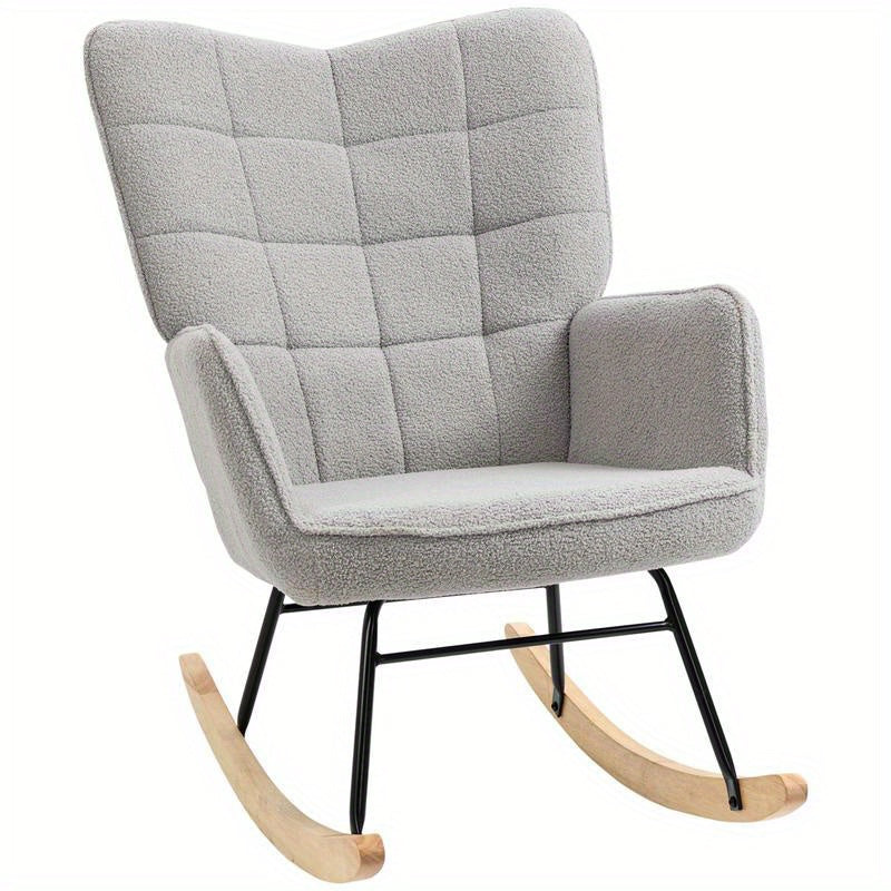 Schommelstoel – Schommelstoel Retro – Schommelstoel Hout – Loungestoel – Schommelstoel Ergonomisch – Stevig Massief Hout – Comfortabele Lichtgrijze Bekleding – Compact 71x92x101 cm