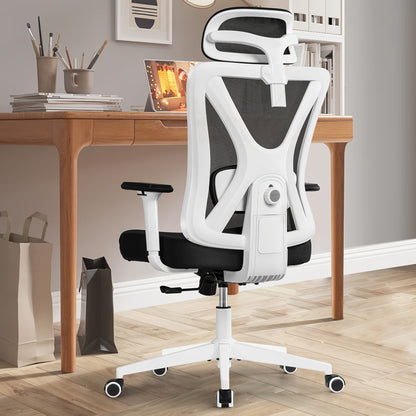 Ergonomische Bureaustoel – Bureaustoel – Desk Chair – Office Chair – Werkstoel – Wit – Verstelbare Hoofdsteun & Lendensteun – 130° Kantelfunctie & RVS Frame
