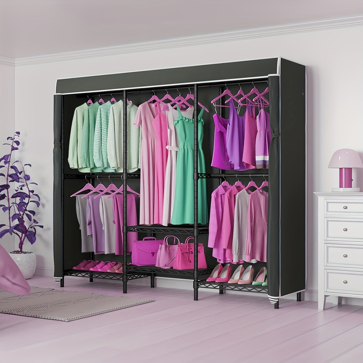 Kledingkast Organizer – Garderobekast – Kledingrek – Kast – Opbergkast – Vrijstaand Carbon Stalen Frame – Afneembare Stoffen Hoes – 4 Planken & 7 Hangzones – 175x180 cm Ruimtebesparend