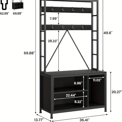 Industrial 5-in-1 Hall Tree with Bench - Black Hardwood & Metal Entryway Organizer, 136.08KG Capacity Coat Rack with Shoe Storage Cubbies, Hooks, Shelves & Umbrella Holder for Hallway, Living Room, Closet, Durable Constructio