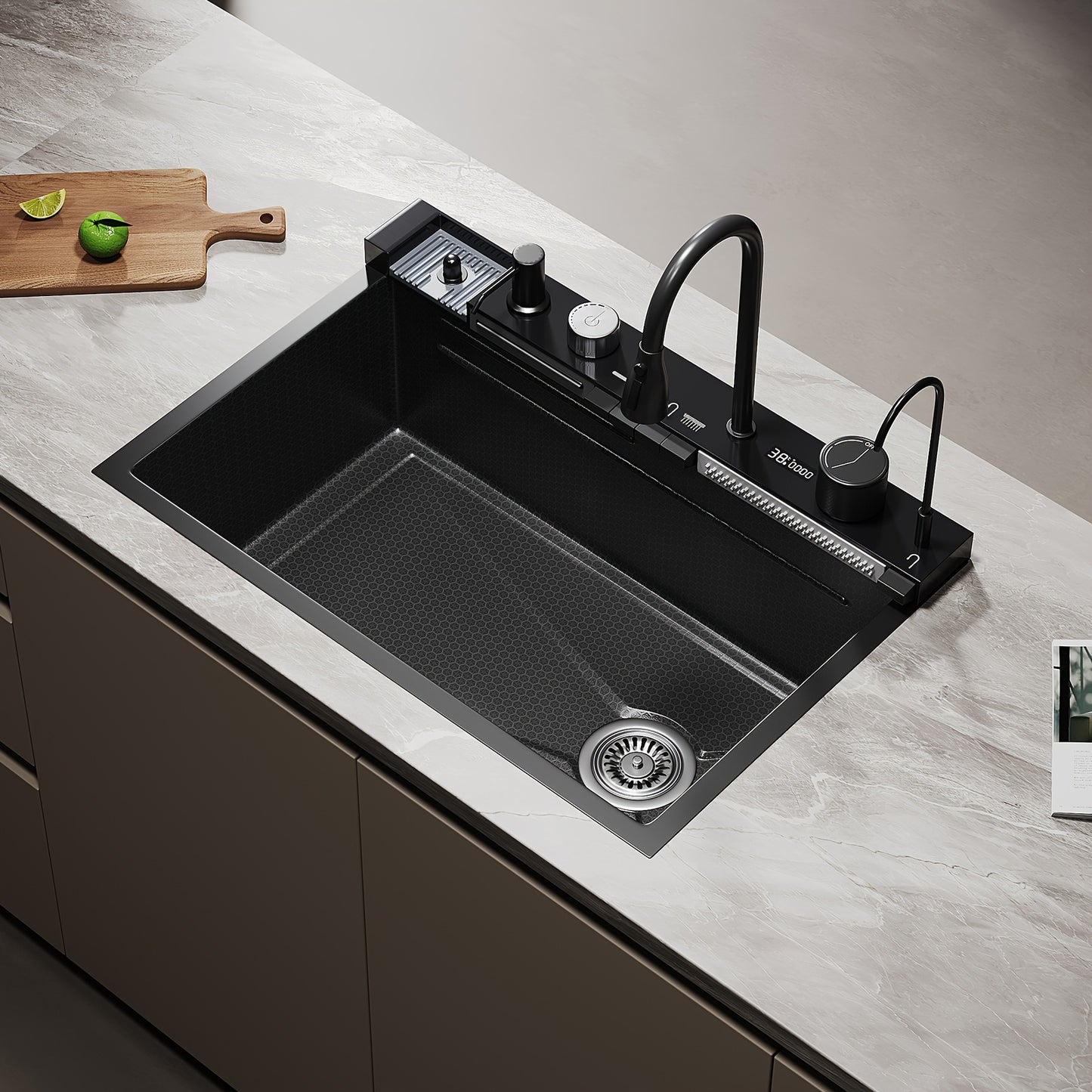 Keukenkraan – Spoelbak – Mengkraan – Kraan – Watervalkraan – RVS 304 Duurzaam – Extra Diepe Composietbak Met Piano Toetsbediening