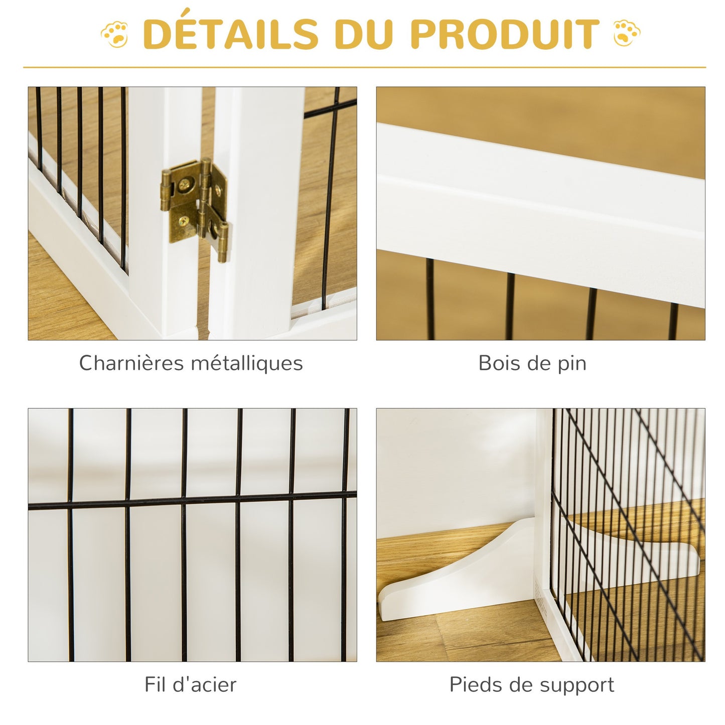 Hondenbarrière – Houten Hondenhek – Huisdier Afzetting – Zelfstaande Hondenscherm – Modulaire Hondenzone – 6 Panelen Inklapbaar – Stevig Massief Hout – 432 cm Breed – Wit