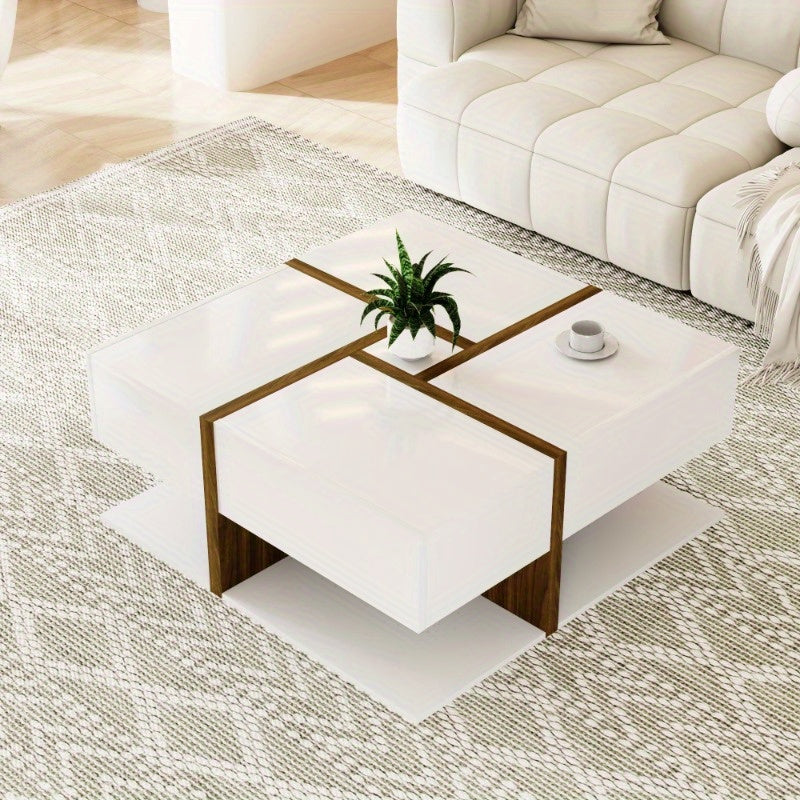 Salontafel – Koffietafel – Woonkamertafel – Bijzettafel – Tafeltje – Modern Hoogglans Wit – 4 Laden Opbergruimte – 78x78x34,8 cm – Duurzaam Stijlvol Design