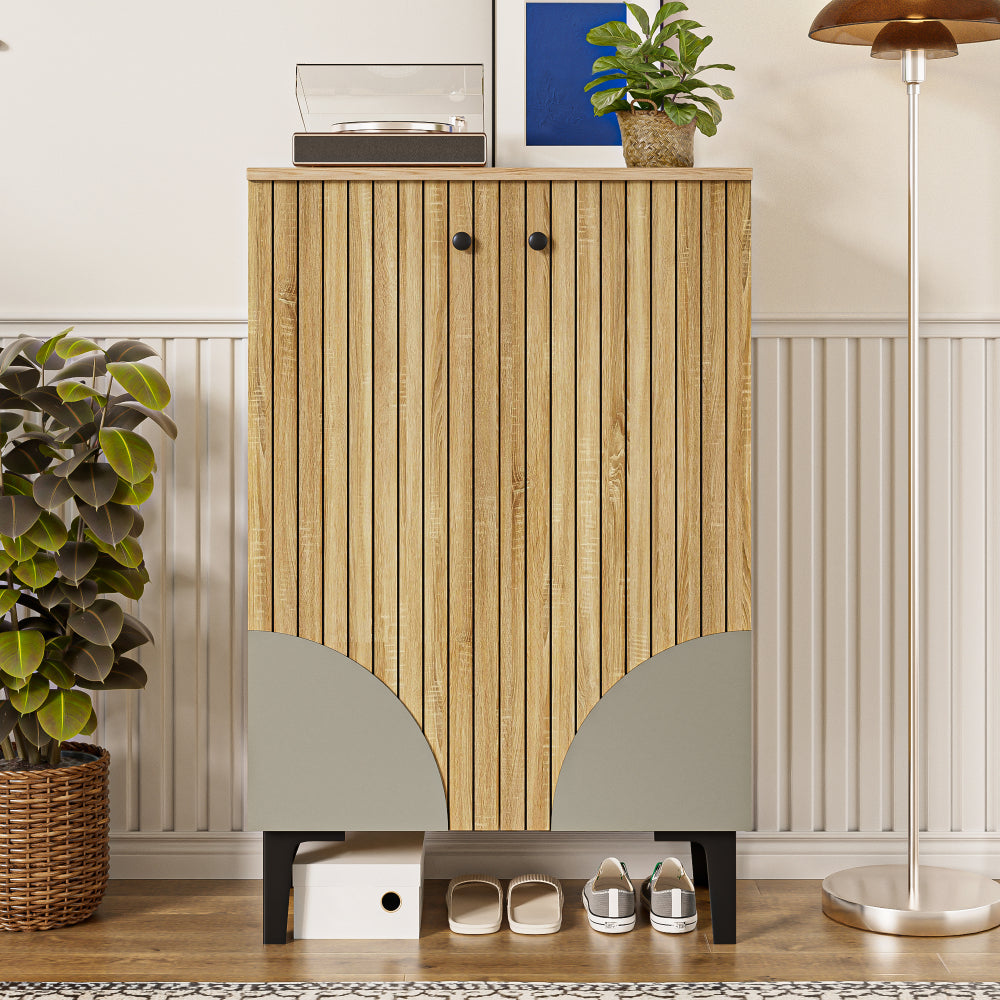Schoenenkast – Schoenenrek – Schoenenkastje – Schoenopberger – Schoenmeubel – Modern – Ruimtebesparend – MDF Met Zwart Metalen Frame – 60x32x94 cm – Meerdere Planken – Deuren